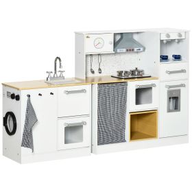 Qaba Wooden Toy Kitchen Set | Interactive Play with Lights & Sounds | Includes Oven, Coffee & Ice Maker, Microwave | White Pretend Playset
