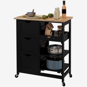 HOMCOM Kitchen Island on Wheels, Black, with Wood Top, Shelves & Drawers