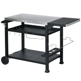 Outsunny Foldable Grill Cart Table, 3-Shelf Outdoor Kitchen Island on Wheels for BBQ & Pizza Oven, Black