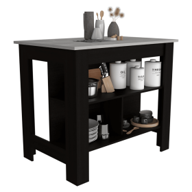 Delos Kitchen Island, kitchen table 35" H, Four Legs, Three Open Storage Shelves