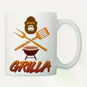 Grilla Gorilla BBQ Ceramic Coffee Mug - 11oz White Barbecue Design with Utensils & Grill Illustration, Fun and