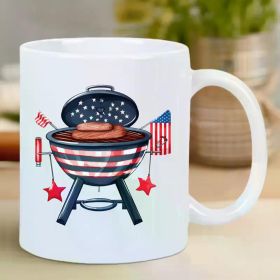 Patriotic BBQ Grill Ceramic Coffee Mug - Reusable, Hand-Wash Only, White with American Flag & Grilling